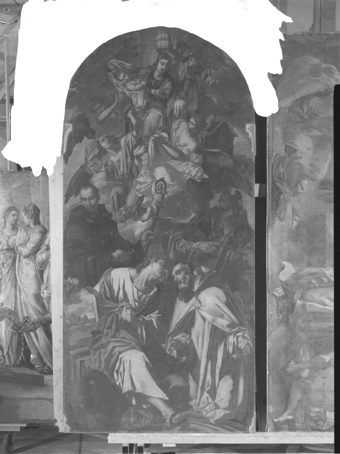 Madonna di Loreto e i santi Romualdo, Benedetto, Agostino e Giovanni Evangelista (dipinto) di Ruschi Francesco (sec. XVII)