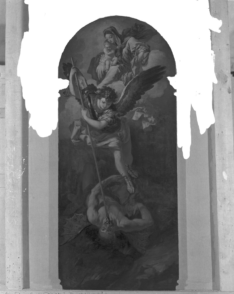 San Michele Arcangelo combatte Satana/ Madonna con Bambino (dipinto) di Zanchi Antonio (sec. XVII)