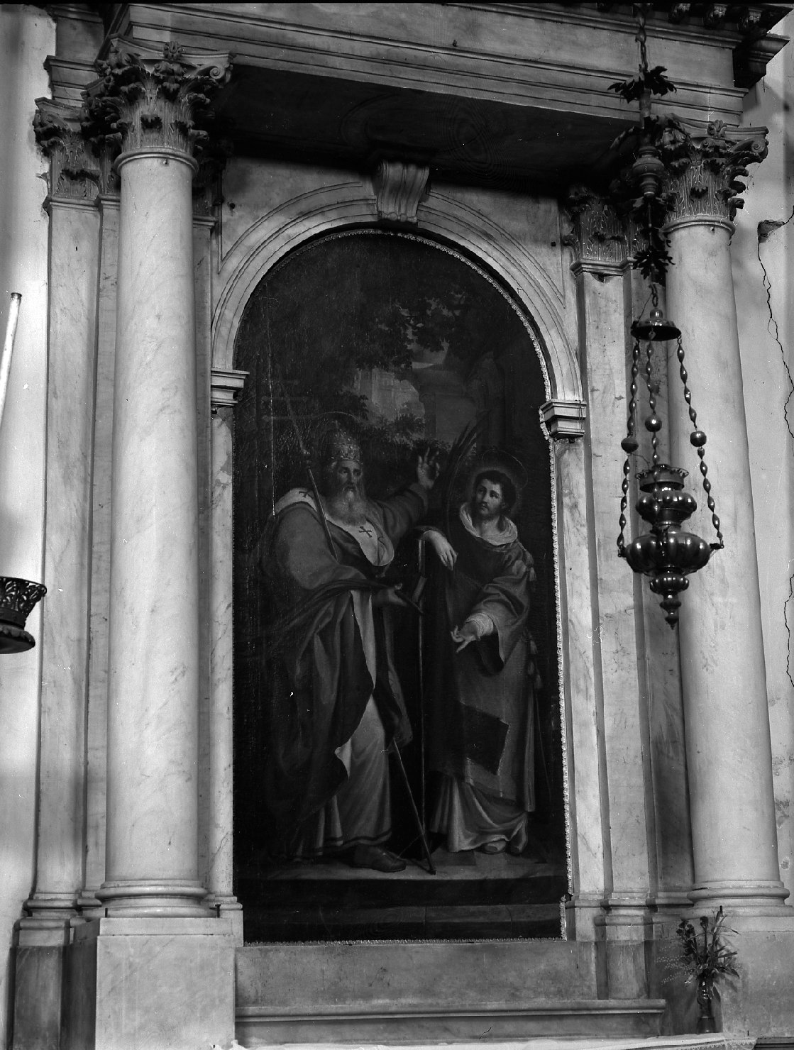 Papa Sisto II e San Lorenzo Martiri (pala d'altare) di Rizzardini Cecilio, Querena Lattanzio (sec. XIX)