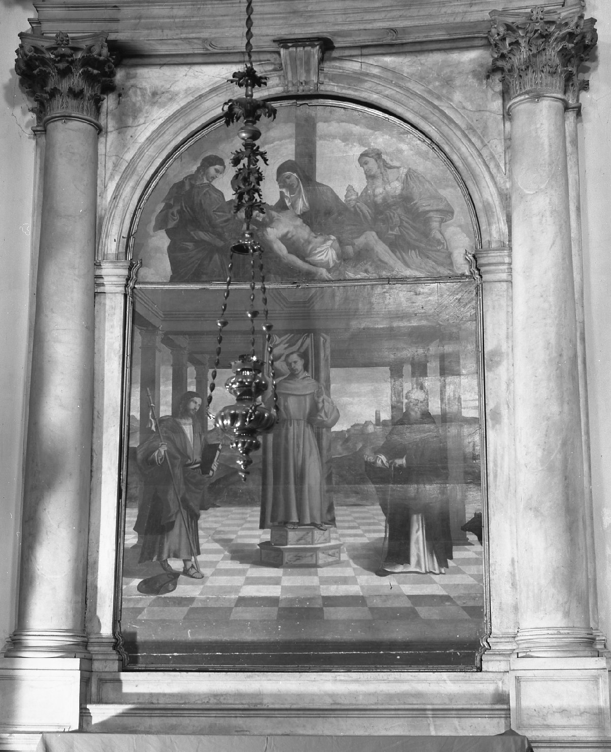 S. Francesco d'Assisi fra i Santi Antonio Abate e Giacomo, San Francesco d'Assisi/ Sant'Antonio Abate/ San Giacomo (dipinto) di Giovanni da Asola (sec. XVI)