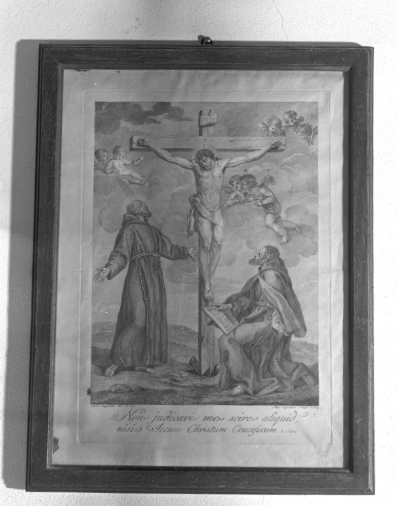 Cristo crocifisso tra San Francesco e San Benedetto (stampa smarginata) di Angeletti Pietro, Cappellan Antonio (sec. XVIII)