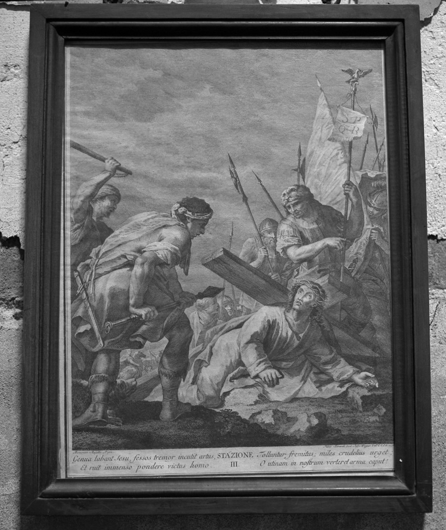 stazione III: Gesù cade sotto la croce la prima volta (stampa) di Fedeli Domenico detto Maggiotto, Berardi Fabio (sec. XVIII)