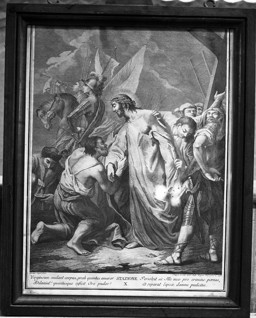 stazione X: Gesù spogliato e abbeverato di fiele (stampa) di Angeli Giuseppe, Del Colle Pellegrino (sec. XVIII)