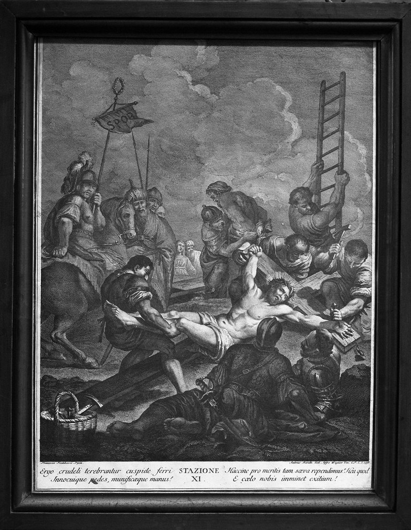 stazione XI: Gesù inchiodato alla croce (stampa) di Fontebasso Francesco, Baratti Antonio (sec. XVIII)