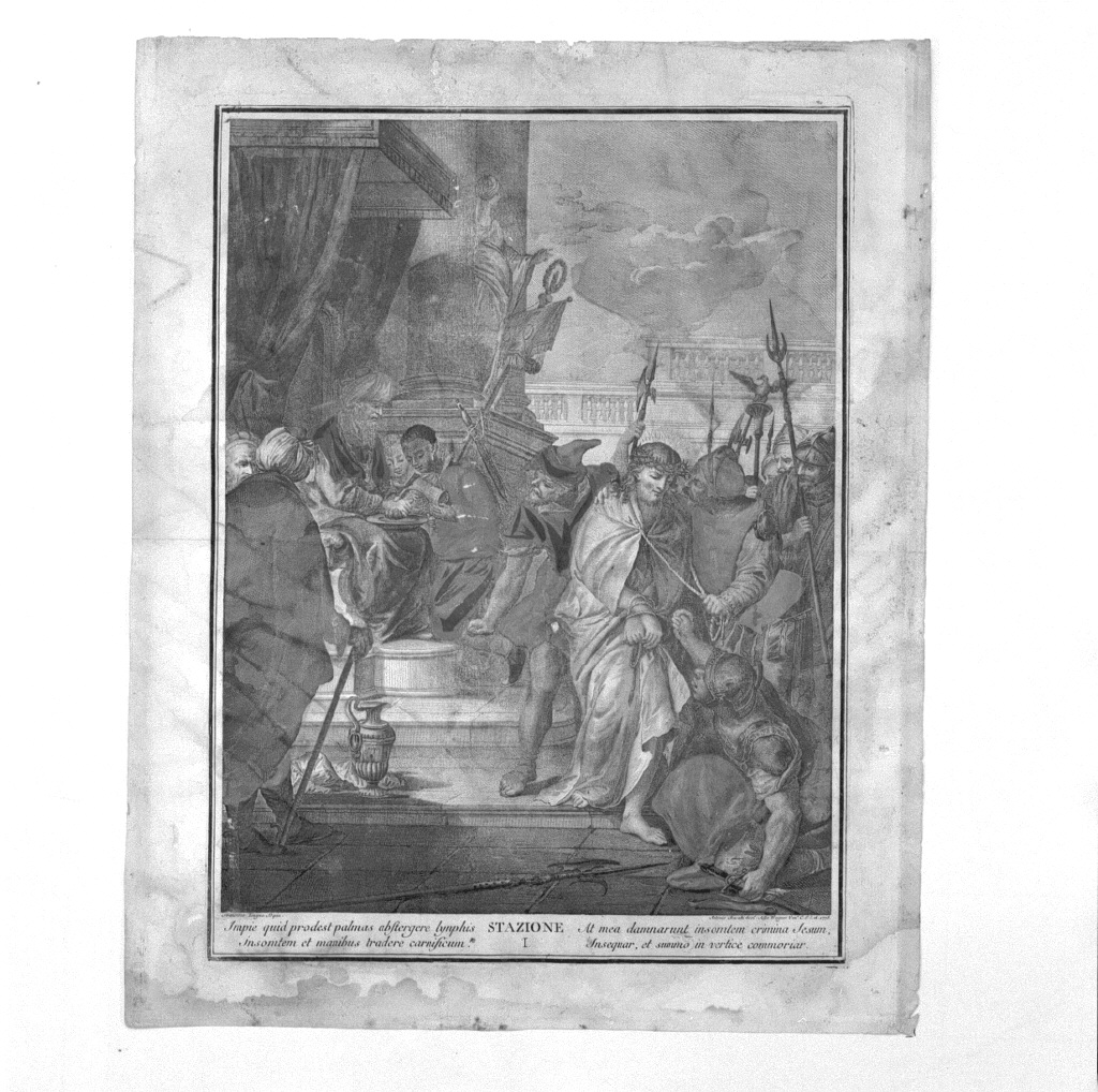 stazione I: Gesù condannato a morte (stampa colorata a mano) di Lugno Francesco, Baratti Antonio, Wagner Joseph - ambito veneziano (sec. XVIII)
