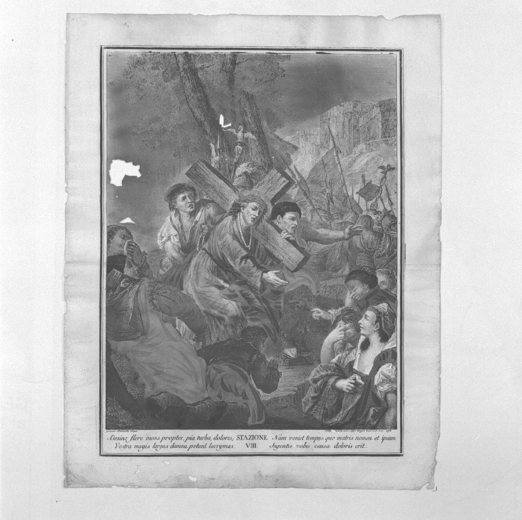 stazione VIII: Gesù consola le donne di Gerusalemme (stampa colorata a mano) di Marieschi Jacopo detto Jacopo di Paolo, Bernardi Fabrizio, Wagner Joseph - ambito veneziano (sec. XVIII)