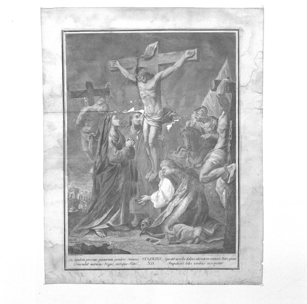 stazione XII: Gesù innalzato e morto in croce (stampa colorata a mano) di Fedeli Domenico detto Maggiotto, Wagner Joseph - ambito veneziano (sec. XVIII)