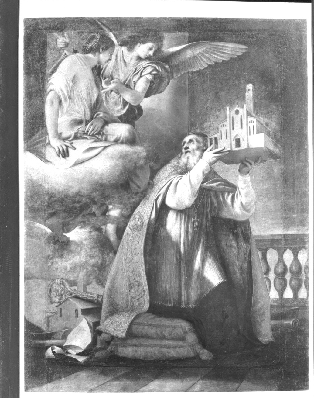 San Magno vescovo e l'architettura celeste con angeli (dipinto) di Forabosco Girolamo (sec. XVII)