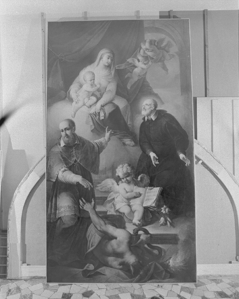 San Carlo Borromeo e San Francesco di Sales in adorazione della croce (dipinto) di Bevilacqua Giovanni Carlo (sec. XVIII)