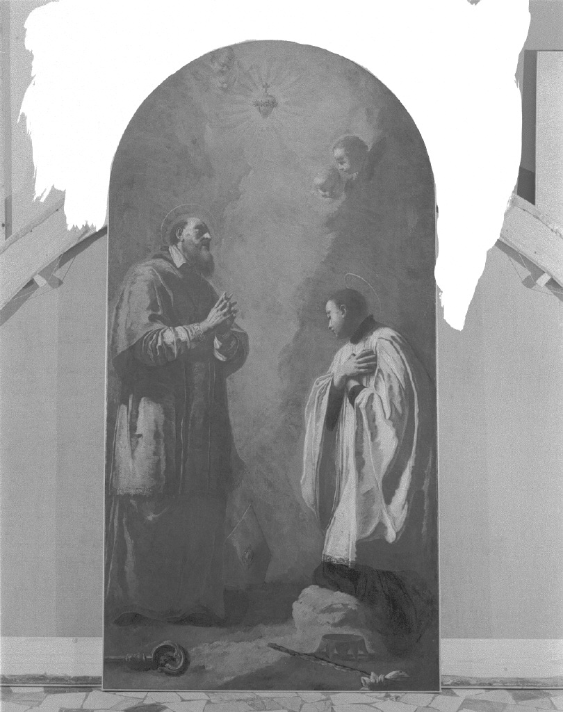 San Francesco di Sales e San Luigi Gonzaga adorano il Sacro Cuore (dipinto) di Marinetti Antonio detto Chiozzotto (metà sec. XVIII)