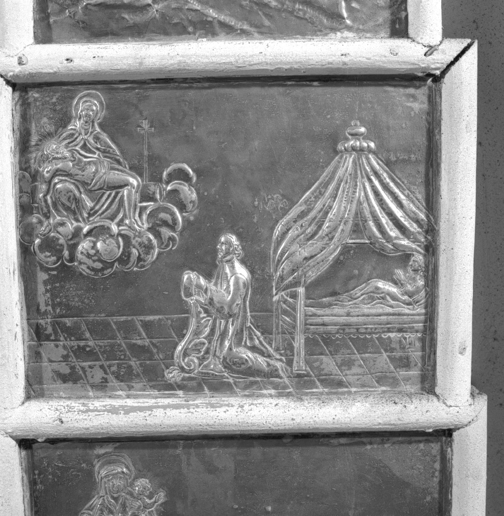 figura maschile inginocchiata di fronte alla Madonna della Navicella, scena familiare (ex voto) - ambito veneziano (fine sec. XVII)