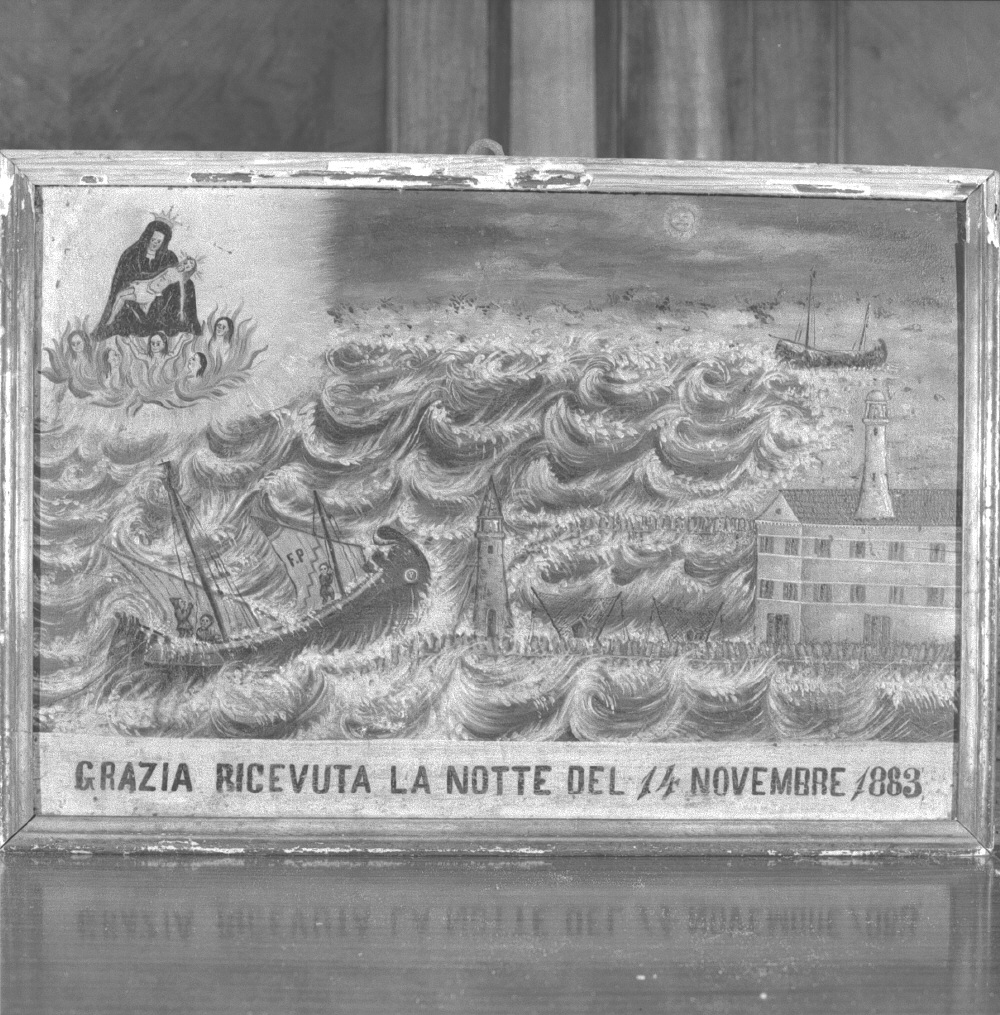 rientro fortunoso di un equipaggio in porto, salvataggio di un bragozzo (ex voto) - ambito veneziano (sec. XIX)