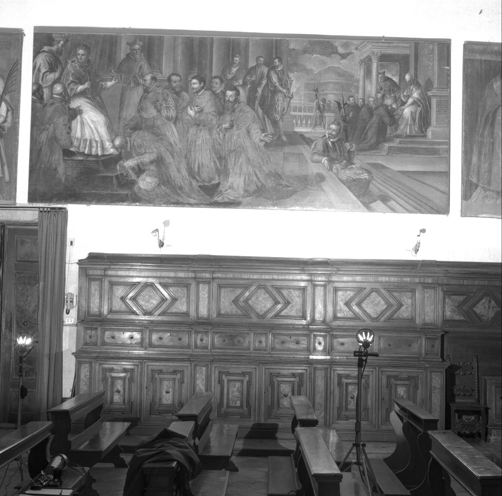 Alessandro III conferma la Regola dell'Ordine nel XII secolo e Pio II ne riforma la Costituzione (dipinto) di Negretti Jacopo detto Palma il Giovane (sec. XVII)