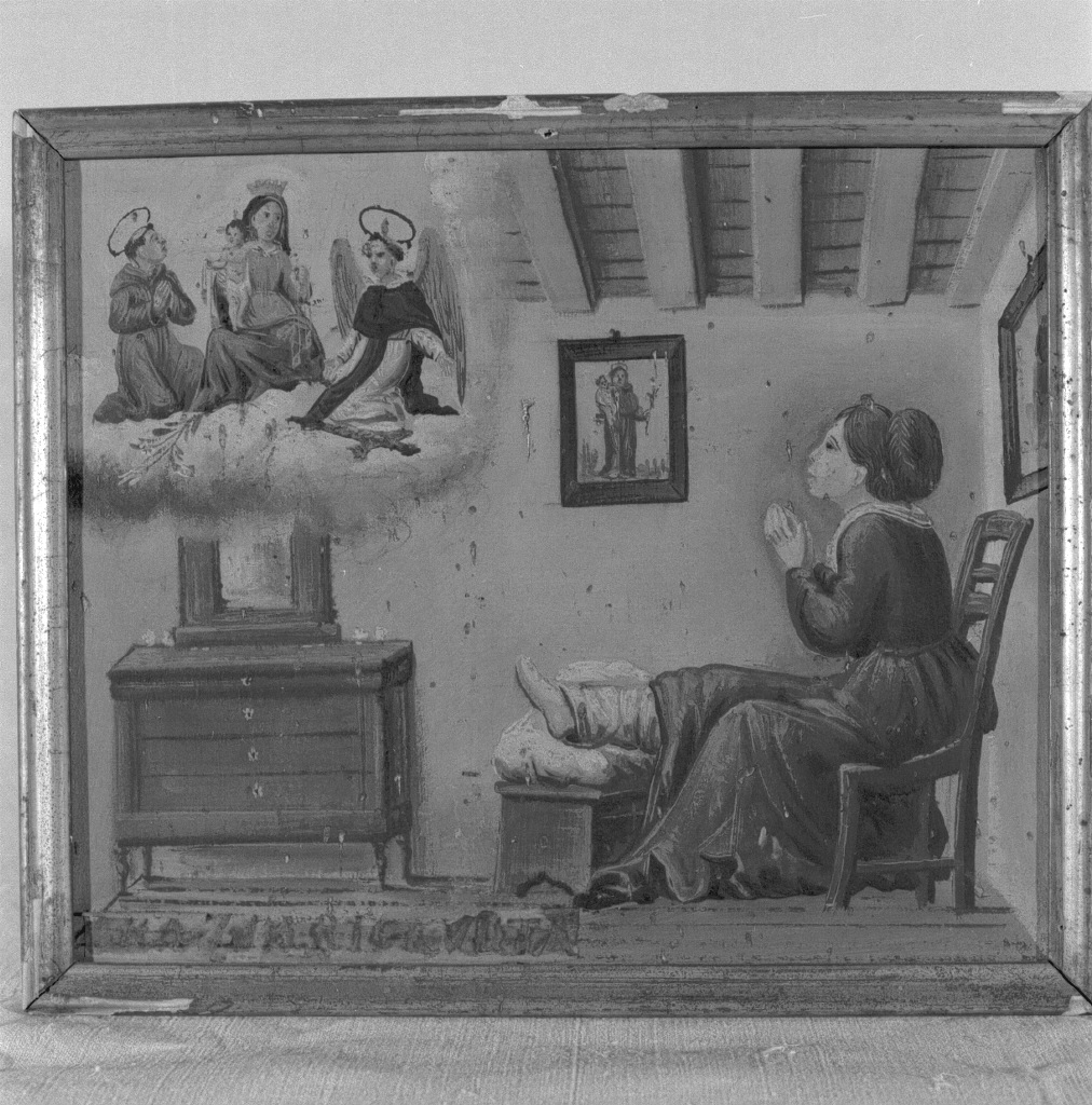 Madonna tra San Domenico e Sant'Antonio guarisce una caviglia, Madonna del Rosario con San Domenico e Sant'Antonio (ex voto) - ambito veneziano (seconda metà sec. XIX)