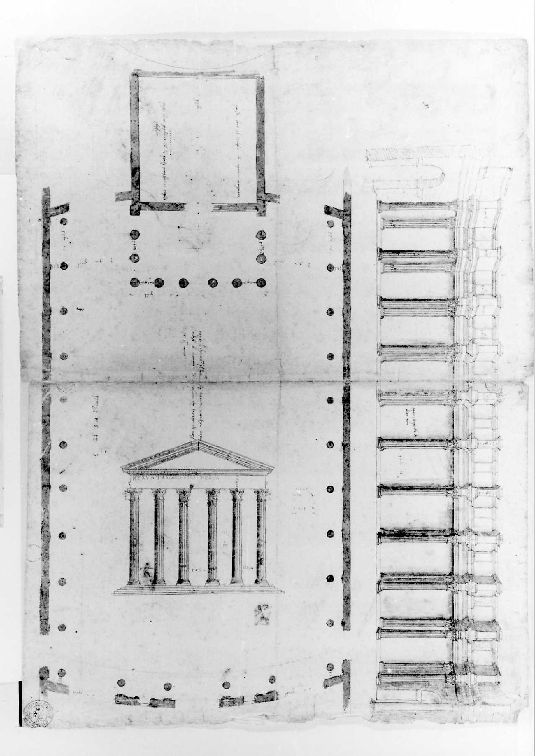 prospetto e pianta di tempio (disegno) di Palladio Andrea (sec. XVI)