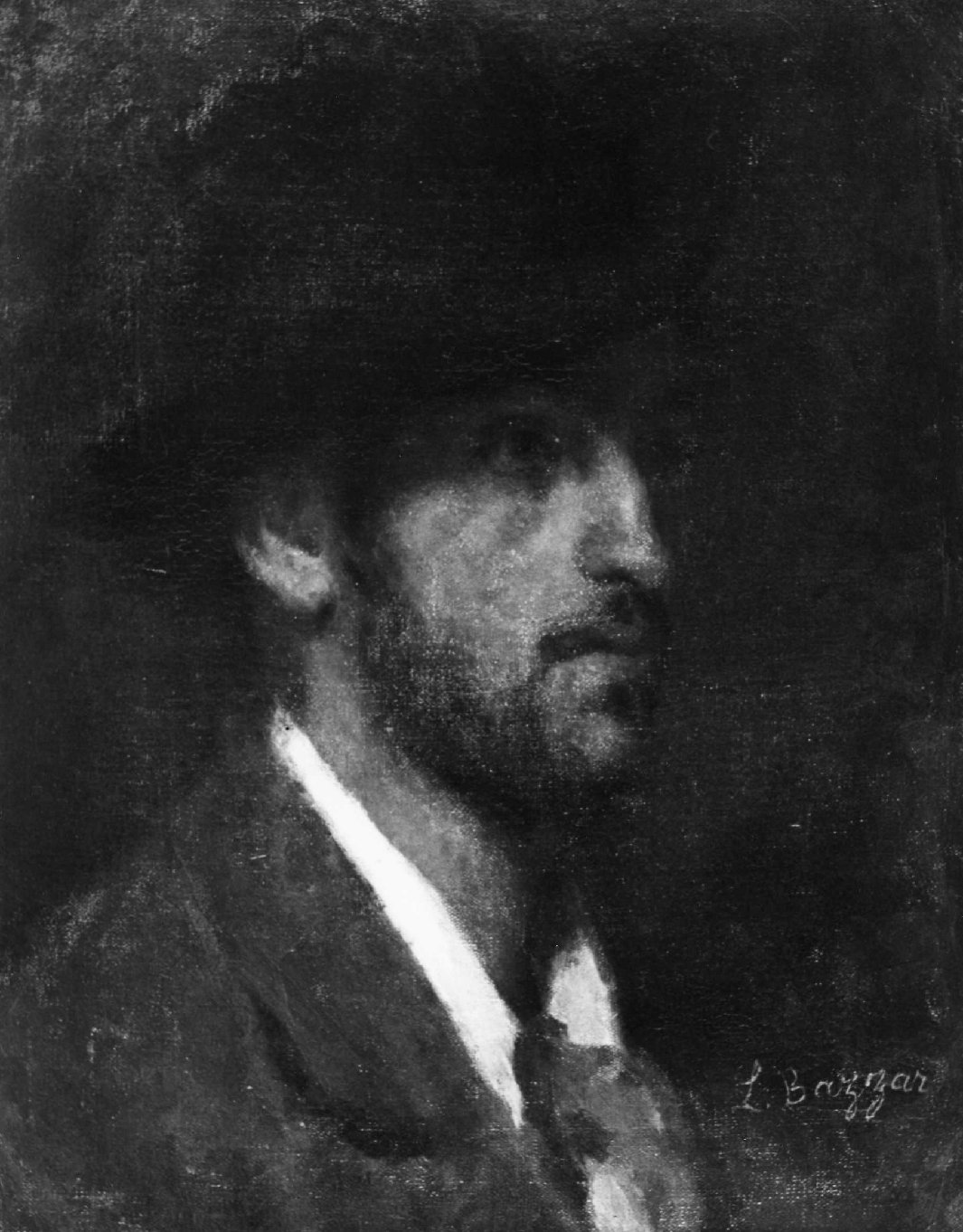 Ritratto dello scultore Eugenio Lombardi di Milano, ritratto maschile con cappello a mezzo busto (dipinto, opera isolata) di Bazzaro, Leonardo - ambito lombardo (ultimo quarto XIX)