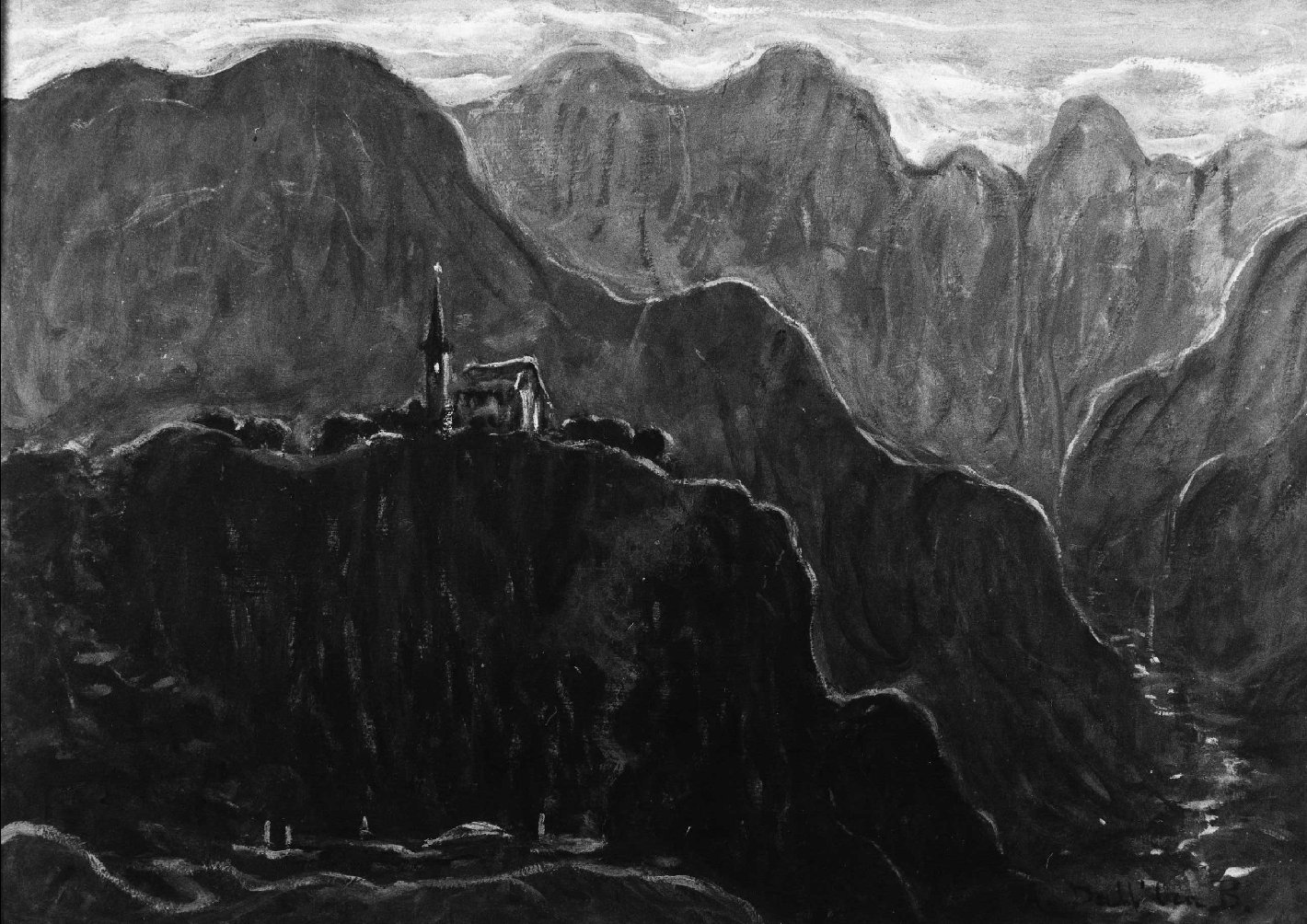 A Valle di Cadore, paesaggio montano (dipinto) di Dall'Oca Bianca Angelo (sec. XX)