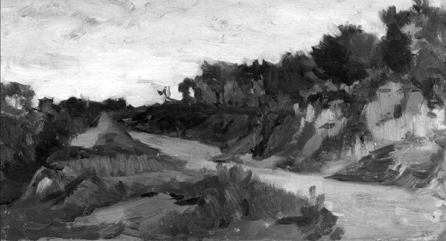 Strada di collina, paesaggio collinare (dipinto) di Avanzi Vittorio (secc. XIX/ XX)