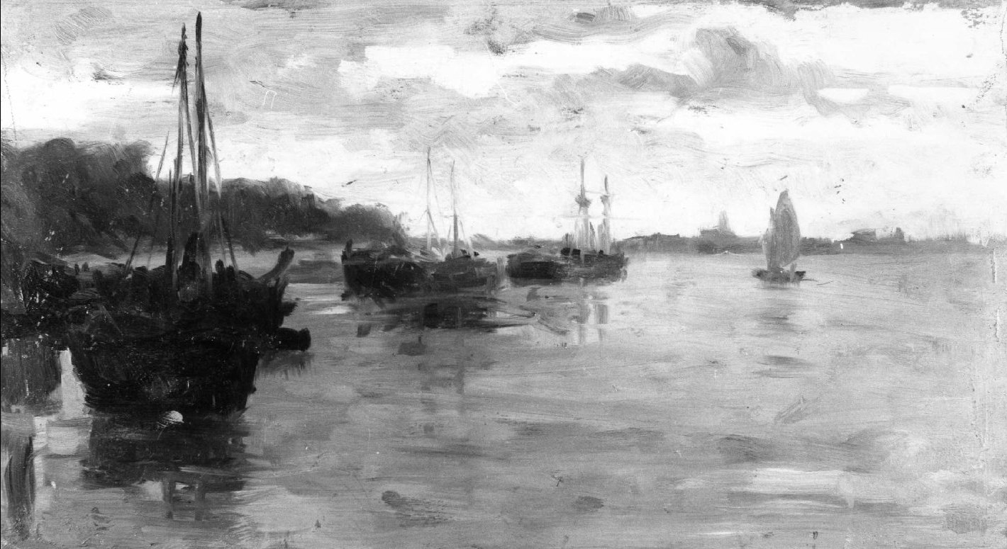 Laguna. Bragozzi in laguna, paesaggio lagunare (dipinto) di Avanzi Vittorio (secc. XIX/ XX)
