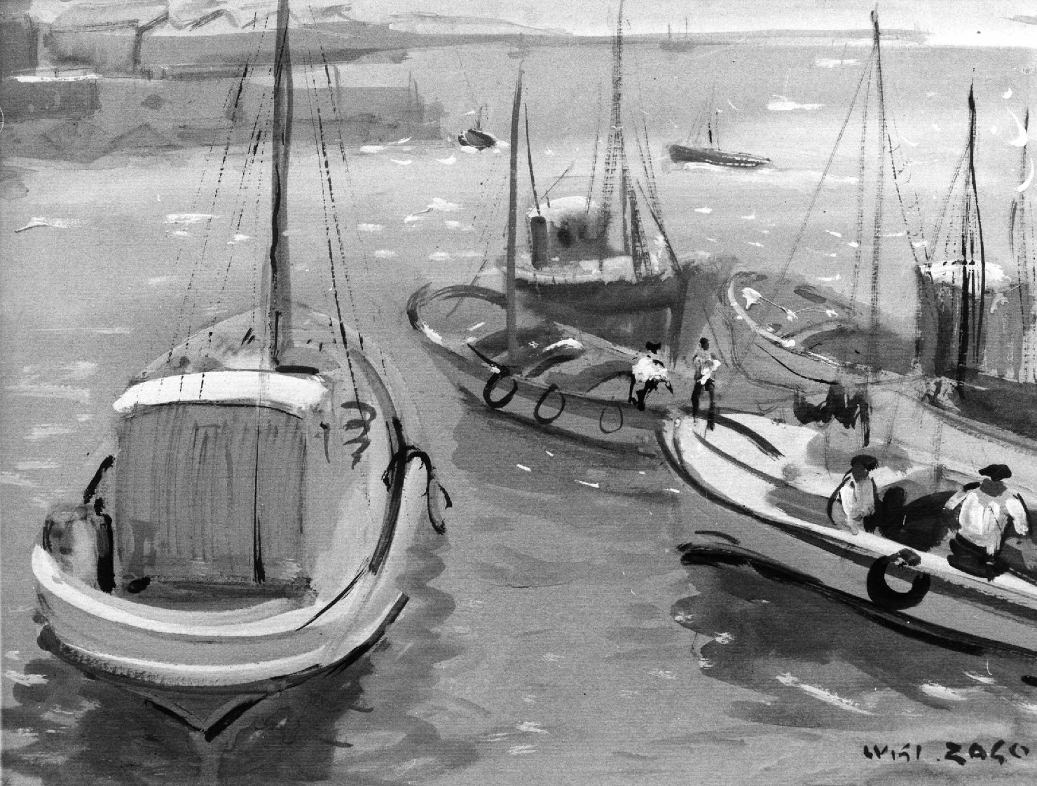 Nel porto a Mar del Plata, marina con pescatori e barche (dipinto) di Zago Luigi (sec. XX)