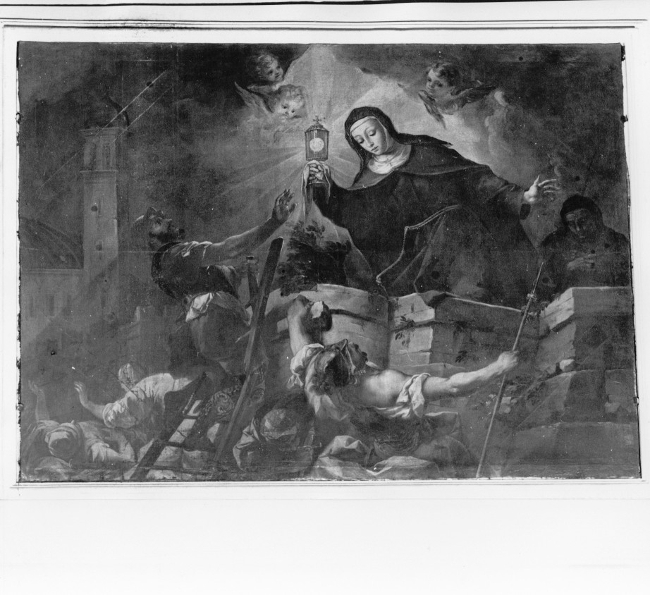 Santa Chiara respinge i saraceni con l'ostensorio (dipinto, opera isolata) - ambito veronese (sec. XVIII)