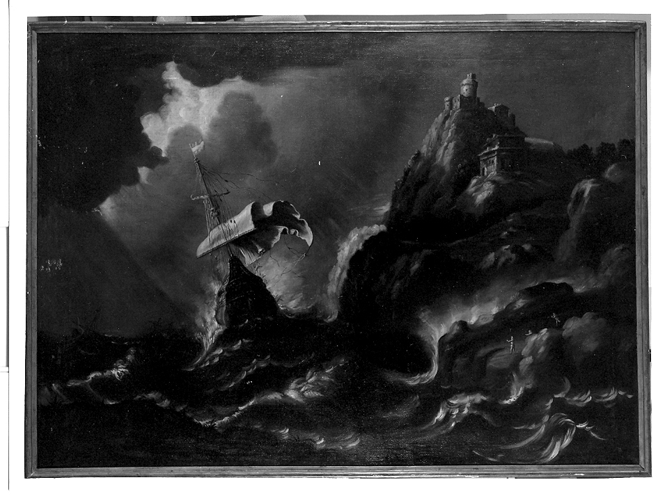 Nave che sbatte contro gli scogli, tempesta sul mare (dipinto, opera isolata) di Ricci Marco (attribuito) (secc. XVII/ XVIII)