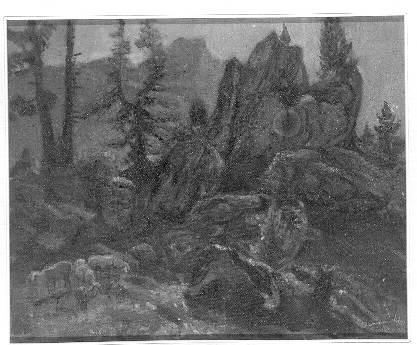 Paesaggio di montagna con pecore, paesaggio montano (dipinto, opera isolata) di Zago Luigi (sec. XX)