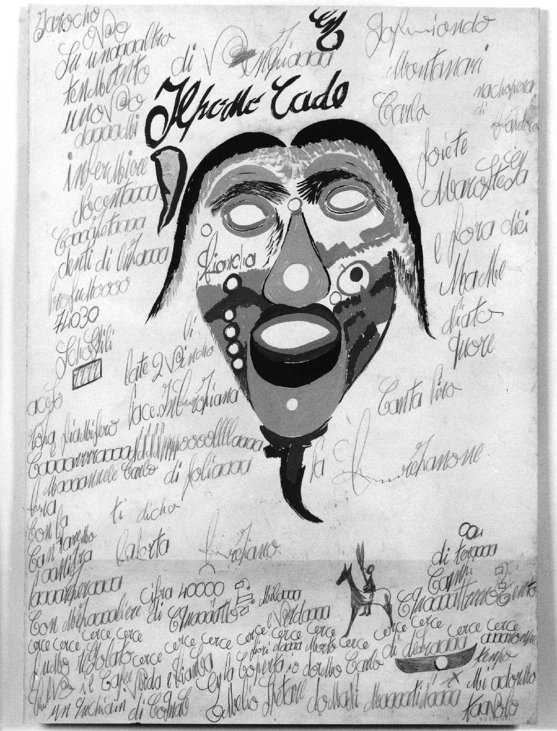 Maschera rosa e verde con barba./ Animale e stella verdi con "cielo" a cerchi, mascherone (dipinto, opera isolata) di Zinelli Carlo (sec. XX)