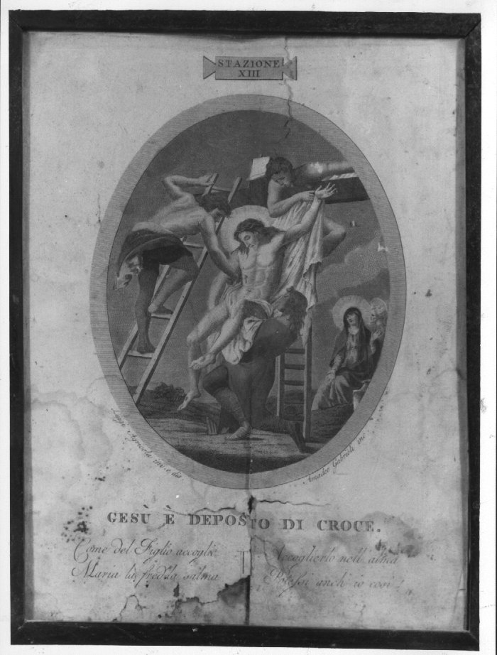 stazione XIII: Gesù deposto dalla croce (stampa a colori) di Gabrieli Amedeo, Agricola Luigi (sec. XVIII)
