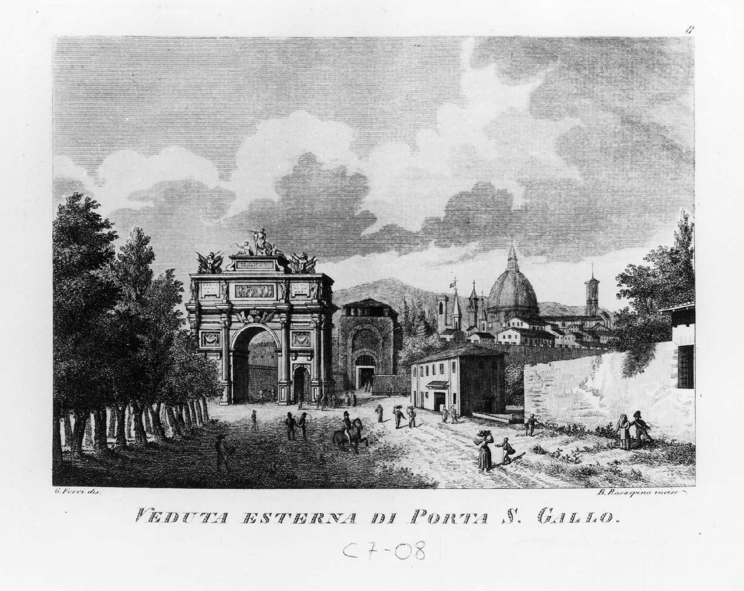 Veduta esterna di Porta S. Gallo, veduta di Firenze (stampa smarginata, serie) di Rosaspina Bernardino, Ferri Gaetano (sec. XIX)