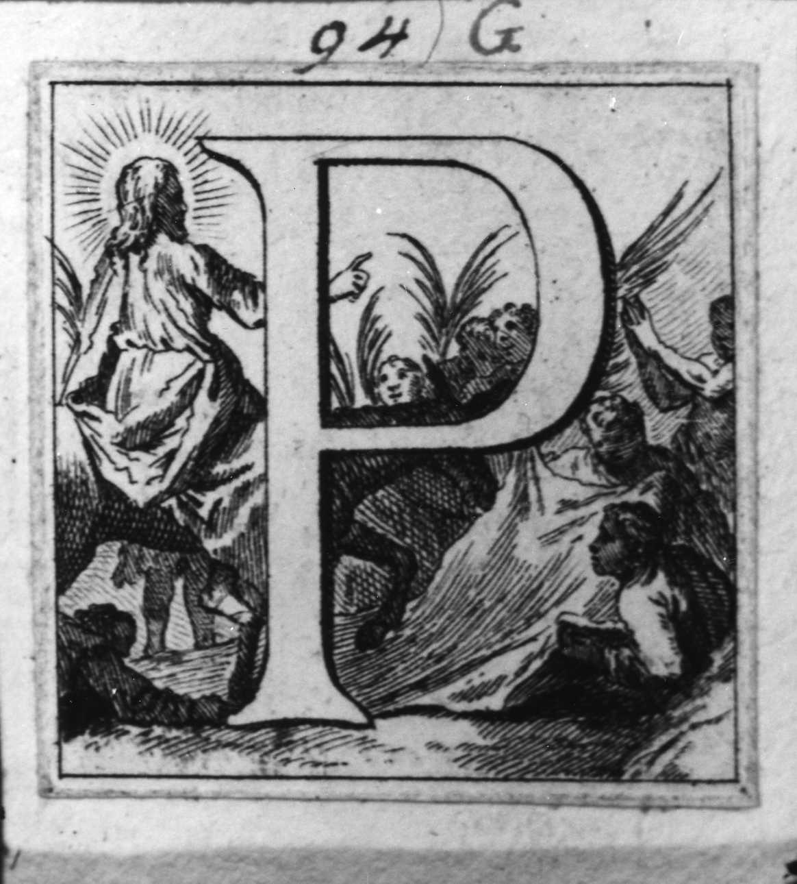 Iniziale P istoriata con entrata di Cristo in Gerusalemme, lettera iniziale istoriata (stampa smarginata, serie) di Piazzetta Giovanni Battista (attribuito) (sec. XVIII)