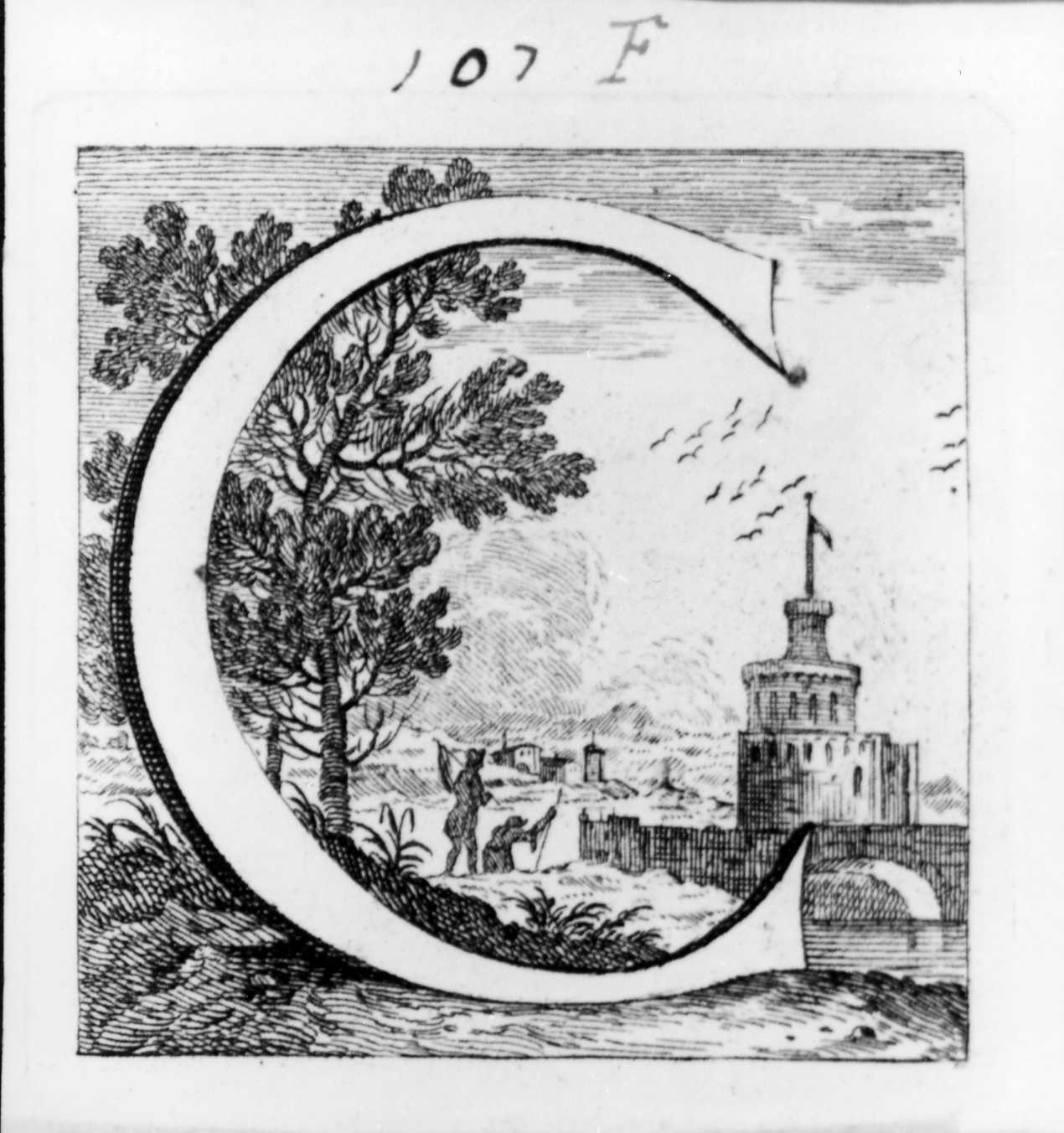 Iniziale istoriata con paesaggio, lettera iniziale istoriata (stampa, serie) di Piazzetta Giovanni Battista (sec. XVIII)