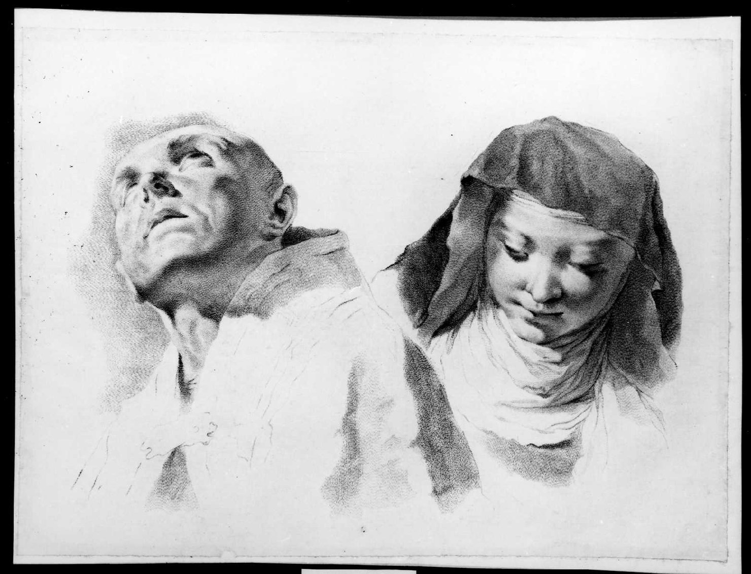 Due religiosi, testa d'uomo e di donna (stampa smarginata, serie) di Piazzetta Giovanni Battista, Pitteri Marco Alvise (sec. XVIII)