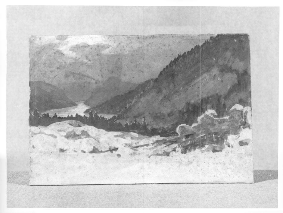 Paesaggio nordico con fiordo e boschi innevati (disegno per scenografia, frammento) di Gončarova Natalja (attribuito) - ambito italiano (primo quarto XX)