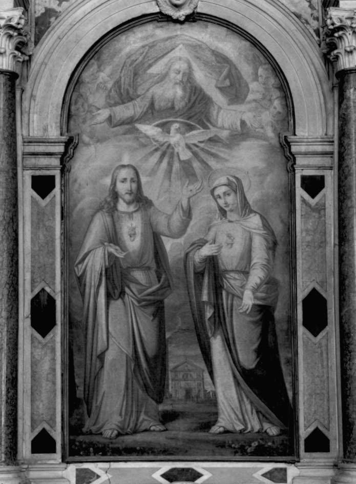 Sacri Cuori di Gesù e di Maria , Dio Padre , la colomba del lo Spirito Sa nto (dipinto) - ambito veneto (terzo quarto sec. XIX)