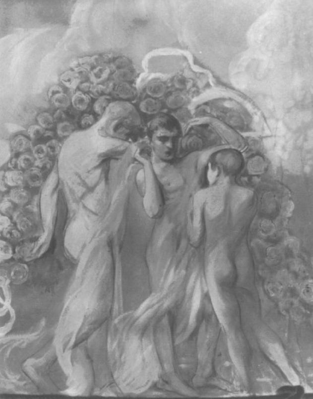 figura maschile allegorica con festone di rose (dipinto) di Tommasi Giuliano, Mazzuccato Saturno - ambito veneto (sec. XX)