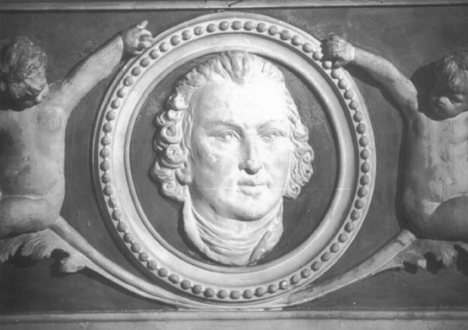medaglione con testa di compositore (rilievo) di Sfondrini Achille, Sanavio Natale (sec. XIX)