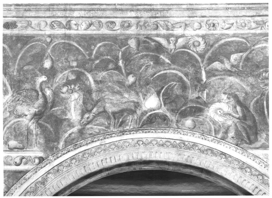 motivi decorativi floreali e vegetali con airone cervo scimmia girasole civetta (dipinto, elemento d'insieme) - ambito veneto (sec. XVI)