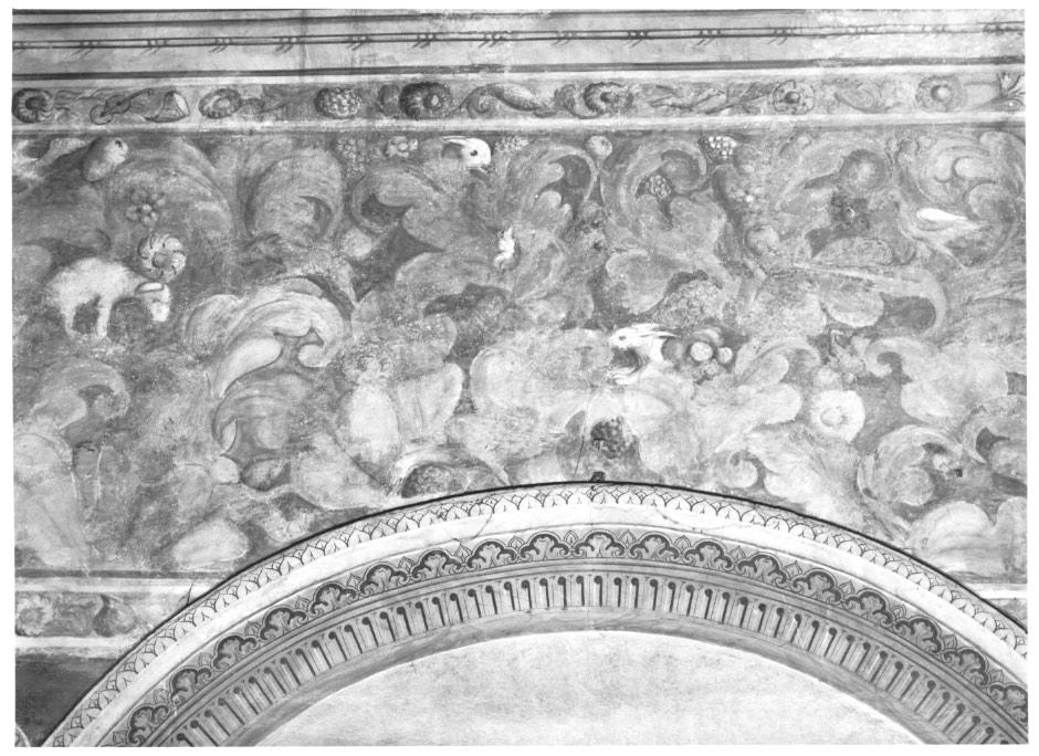 motivi decorativi floreali e vegetali con agnello lepri uccello (dipinto, elemento d'insieme) - ambito veneto (sec. XVI)