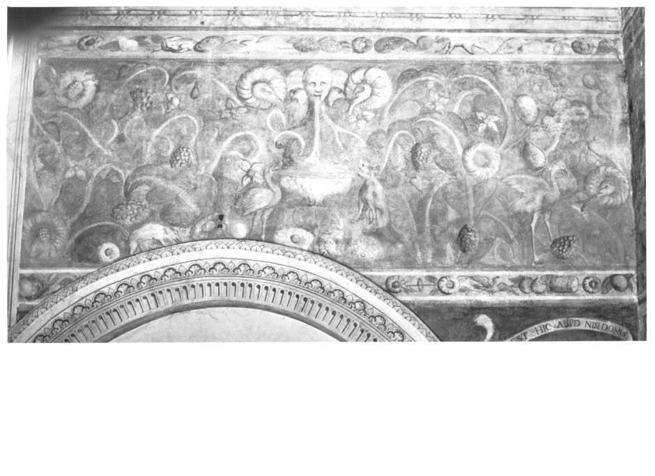 motivi decorativi floreali e vegetali con frutti fontana della vita quadrupedi aironi (dipinto, elemento d'insieme) - ambito veneto (sec. XVI)