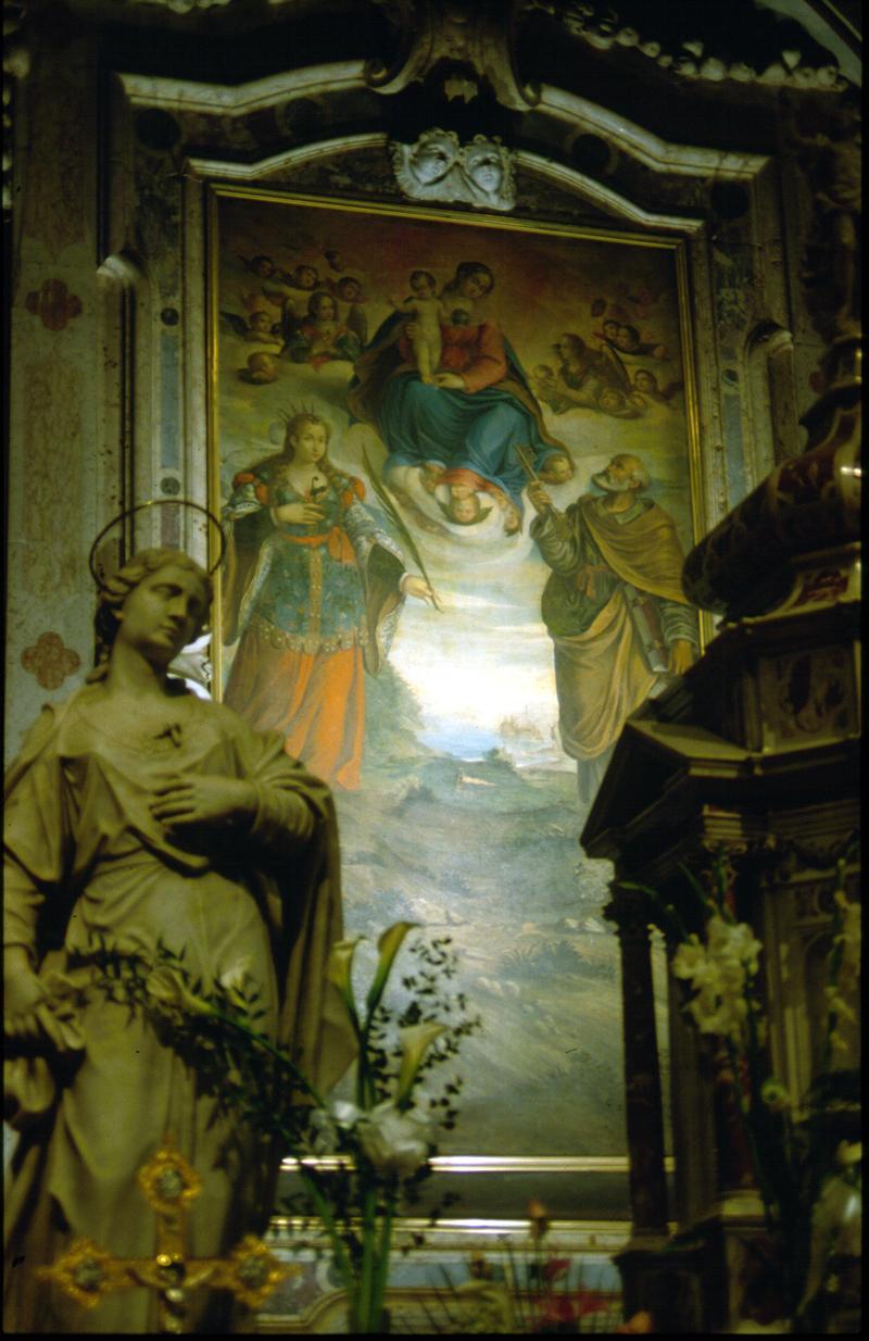 Madonna con Bambino, Santa Giustina e San Pietro (dipinto, elemento d'insieme) di Frigimelica Francesco - ambito veneto (fine/inizio secc. XVI/ XVII)