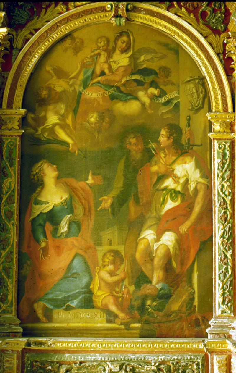 Madonna con Bambino in gloria con Santa Giustina, San Fabiano e San Sebastiano (dipinto, elemento d'insieme) di Turro Girolamo - ambito veneto (sec. XVIII)