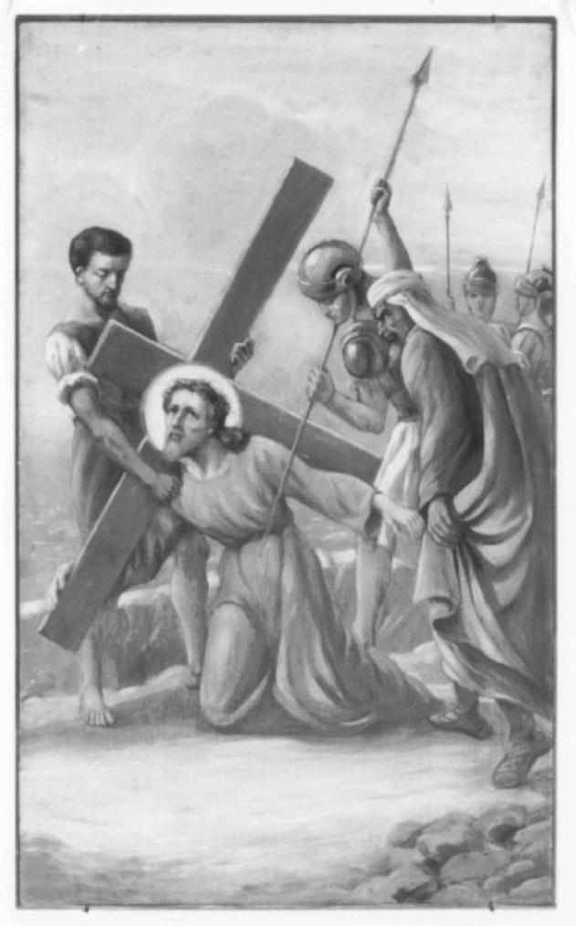 stazione III: Gesù cade sotto la croce la prima volta (dipinto) di Travaglia Silvio, Soranzo Antonio (sec. XX)