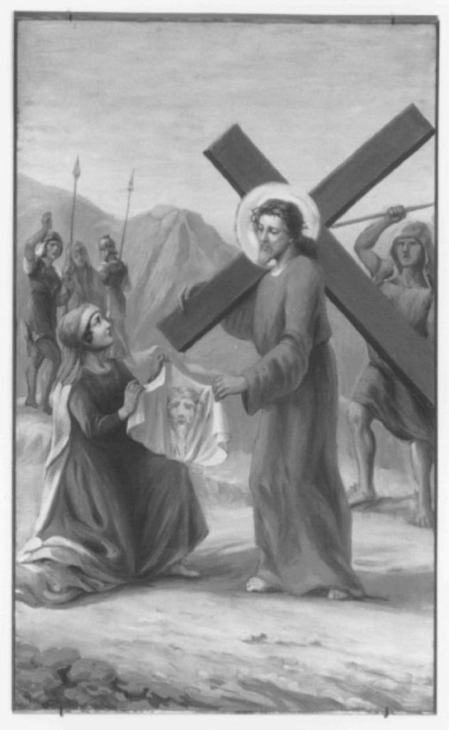 stazione VI: Gesù asciugato dalla Veronica (dipinto) di Travaglia Silvio, Soranzo Antonio (sec. XX)