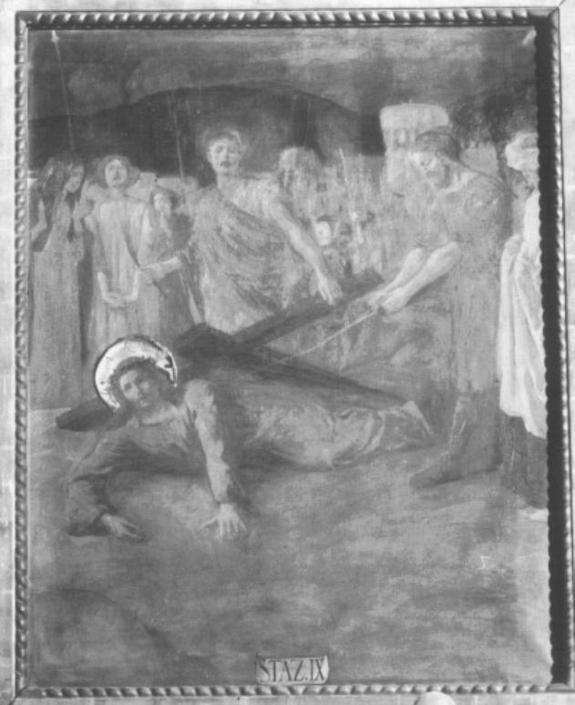 stazione IX: Gesù cade sotto la croce la terza volta (dipinto) di Taddio L, Zanette P - ambito italiano (prima metà sec. XX)