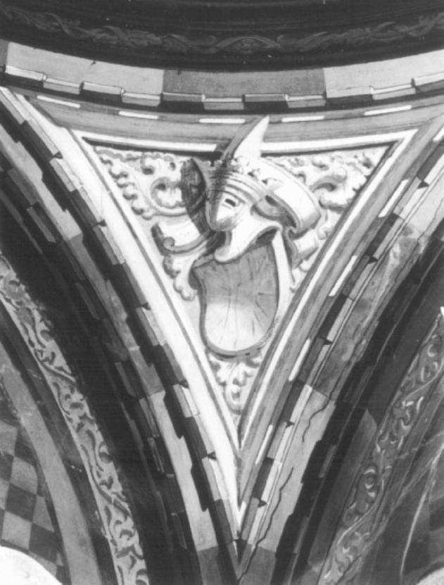 stemma con cimiero/ motivi decorativi fitomorfi stilizzati/ motivi architettonici a trompe l'oeil (dipinto) - ambito veneto (sec. XIX)