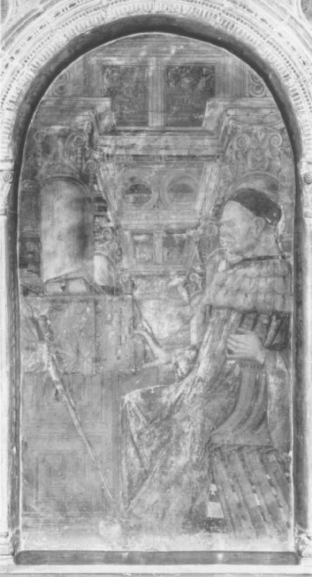ritratto di uomo d'armi nello studio/ veduta prospettica (dipinto) - ambito padovano (sec. XV)