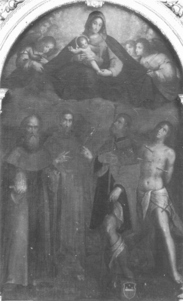 Madonna con Bambino in gloria tra Sant'Antonio Abate, San Francesco d'Assisi, San Rocco e San Se- bastiano (dipinto) di Frigimelica Francesco - ambito veneto (sec. XVII)