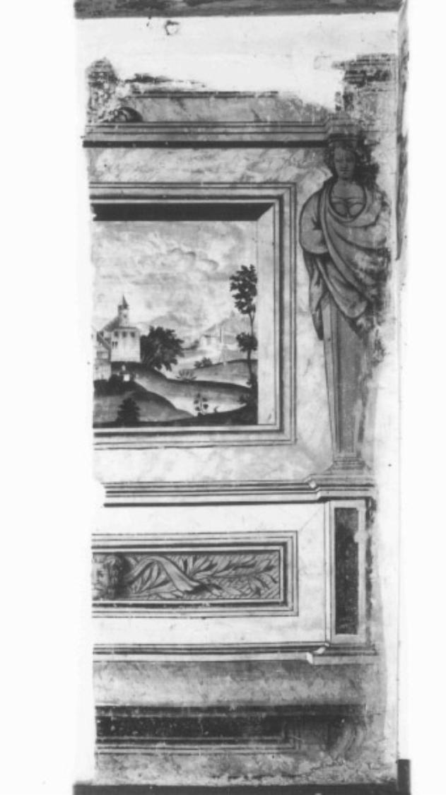 Cornice architettonica con cariatidi; paesaggio (dipinto) di Damello Marco (cerchia) (sec. XVI)