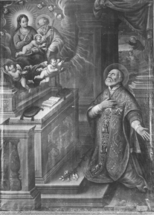 apparizione della Sacra Famiglia a San Filippo Neri/ San Filippo Neri salva un marinaio che sta per annegare (dipinto) di Vecellio Cesare (maniera) (secondo quarto sec. XVII)
